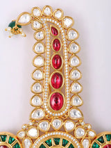 Polki Stone Groom Kalgi Brooch in Red and Green Brass