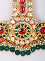 Polki Stone Groom Kalgi Brooch in Red and Green Brass