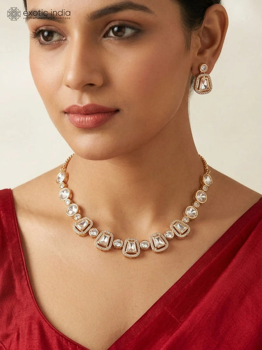 Geometric Stone Studded Brass Necklace and Earrings Set