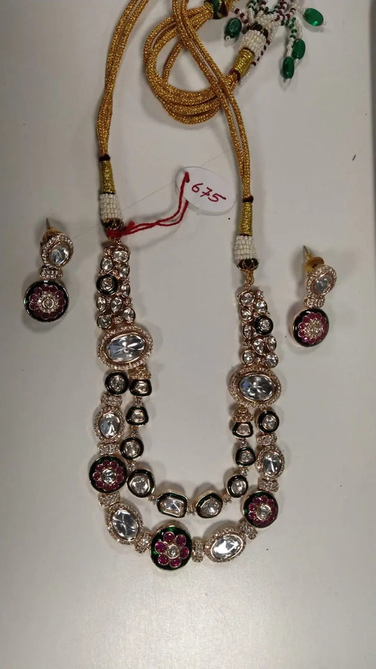 Antique Brass Necklace Set with Meenakari Detailing