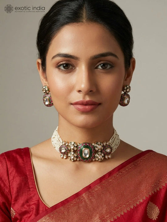 White Kundan Multi Strand Choker and Earrings Set