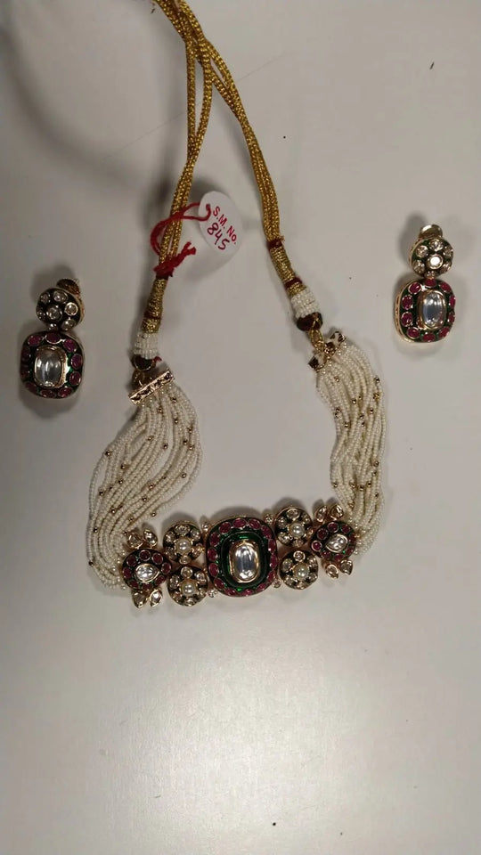 White Kundan Multi Strand Choker and Earrings Set