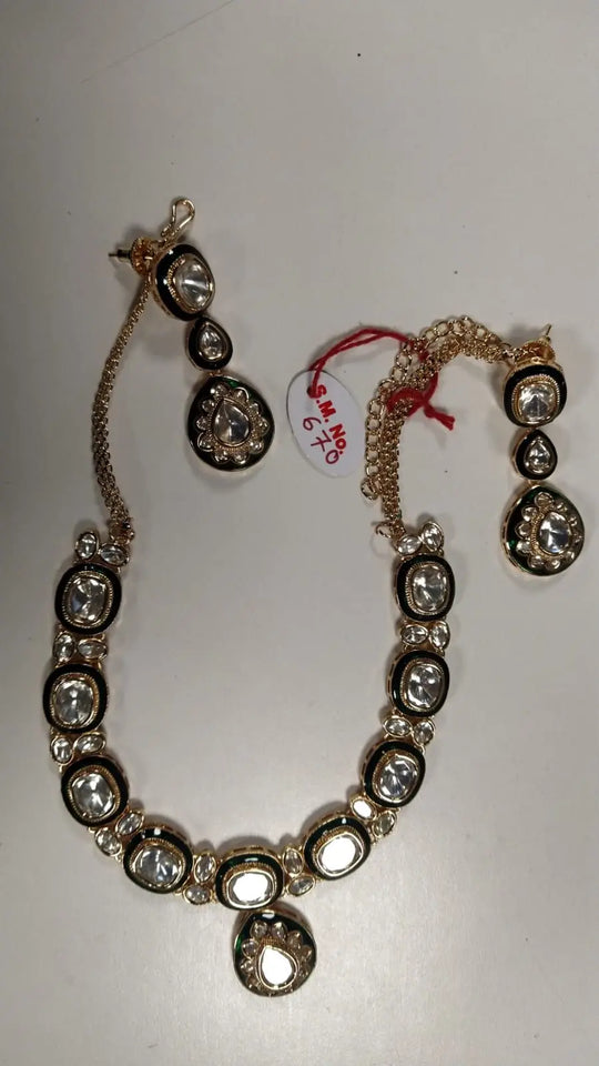 Polki Stone Studded Brass Necklace and Earrings Set