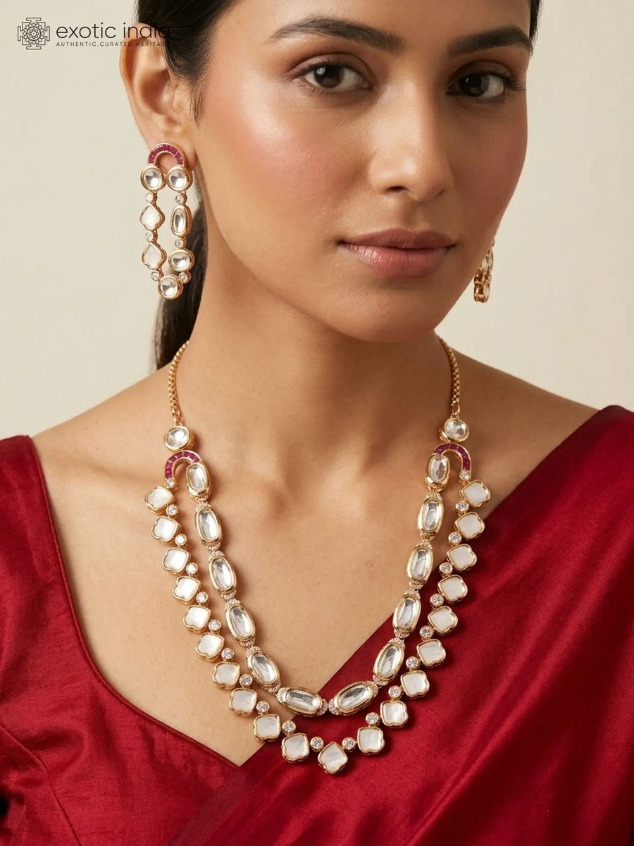 Polki Stone Dual Layered Necklace and Earrings Set