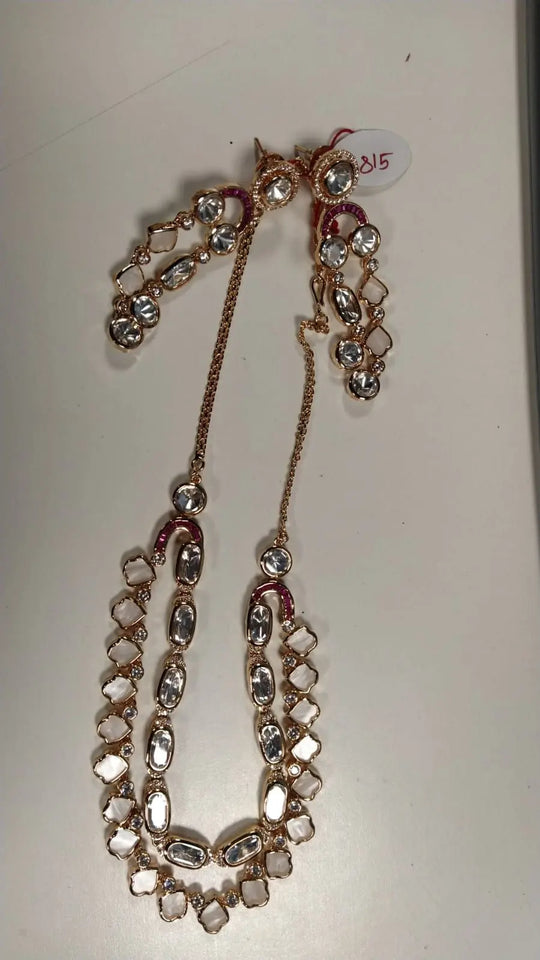 Polki Stone Dual Layered Necklace and Earrings Set