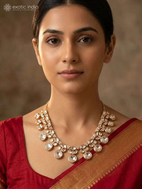 Polki Stone Studded Necklace and Earrings Set with Drop