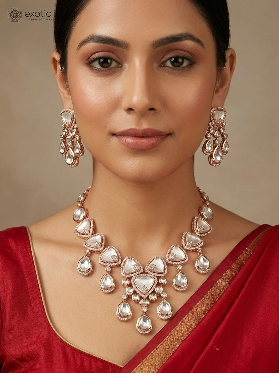 Polki Stone Drop Necklace and Earrings Set in Brass