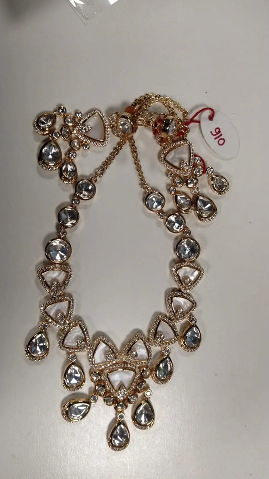 Polki Stone Drop Necklace and Earrings Set in Brass