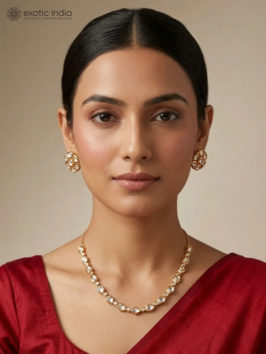 Geometric Polki Stone Necklace and Earrings Set in Brass