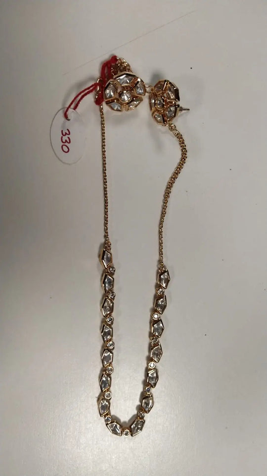 Geometric Polki Stone Necklace and Earrings Set in Brass