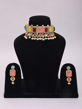 Geometric Cut Stone Brass Choker and Earrings Set