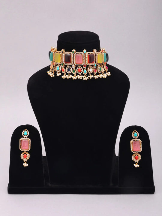 Geometric Cut Stone Brass Choker and Earrings Set