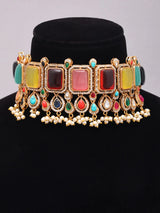 Geometric Cut Stone Brass Choker and Earrings Set
