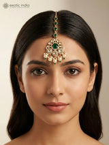 Kundan Maang Tikka with Green and Red Stone Bead Drop