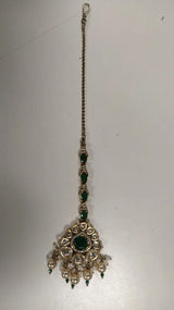 Kundan Maang Tikka with Green and Red Stone Bead Drop