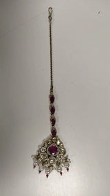 Kundan Maang Tikka with Green and Red Stone Bead Drop