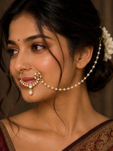 Floral Kundan Brass Nath Nose Ring with Pearl Drop