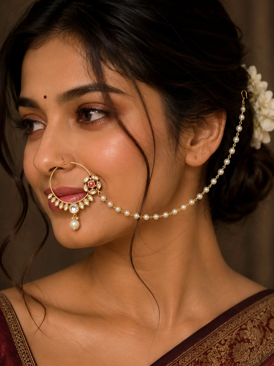 Floral Kundan Brass Nath Nose Ring with Pearl Drop