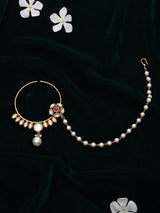 Floral Kundan Brass Nath Nose Ring with Pearl Drop