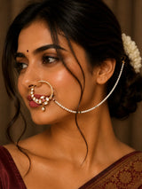 Polki Stone and Beaded Border Nose Ring Nath