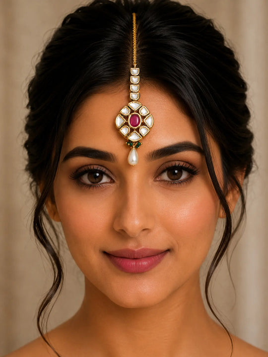 Polki and Red Stone Pearl Drop Brass Maang Tikka