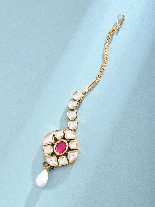 Polki and Red Stone Pearl Drop Brass Maang Tikka