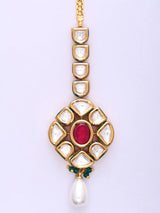 Polki and Red Stone Pearl Drop Brass Maang Tikka