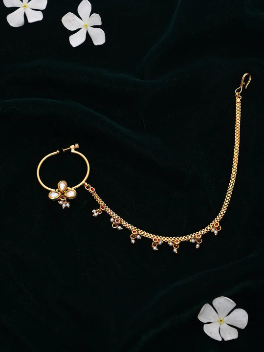 Polki Stone Studded Brass Nath Nose Ring