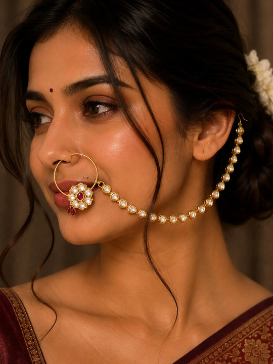Floral Polki Studded Brass Bridal Nose Ring Nath