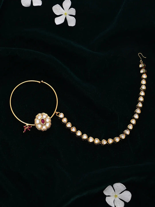 Floral Polki Studded Brass Bridal Nose Ring Nath