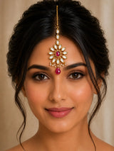 Floral Sunburst Kundan Maang Tikka with Red Stone Drop