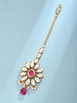 Floral Sunburst Kundan Maang Tikka with Red Stone Drop