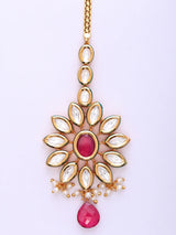 Floral Sunburst Kundan Maang Tikka with Red Stone Drop