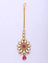 Floral Sunburst Kundan Maang Tikka with Red Stone Drop