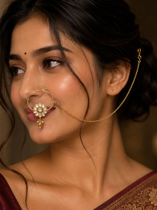 Floral Mandala Polki Studded Brass Nose Ring Nath