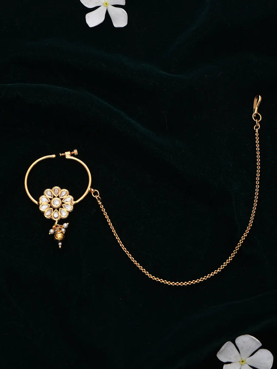 Floral Mandala Polki Studded Brass Nose Ring Nath