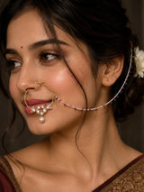 Polki Kundan Floral Brass Nath with Pearl Drop