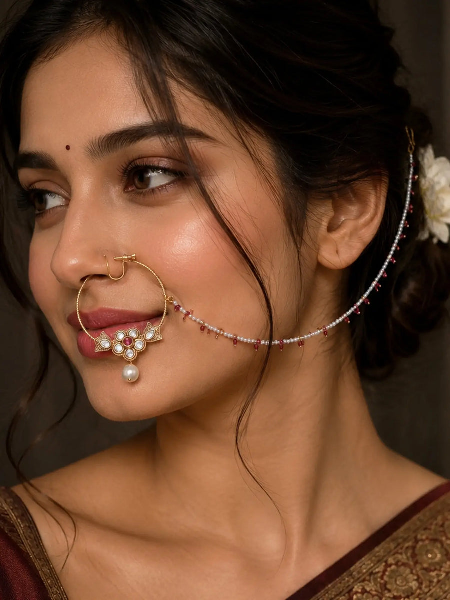 Polki Kundan Floral Brass Nath with Pearl Drop