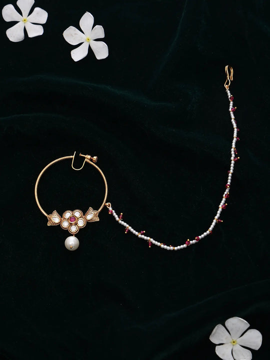 Polki Kundan Floral Brass Nath with Pearl Drop