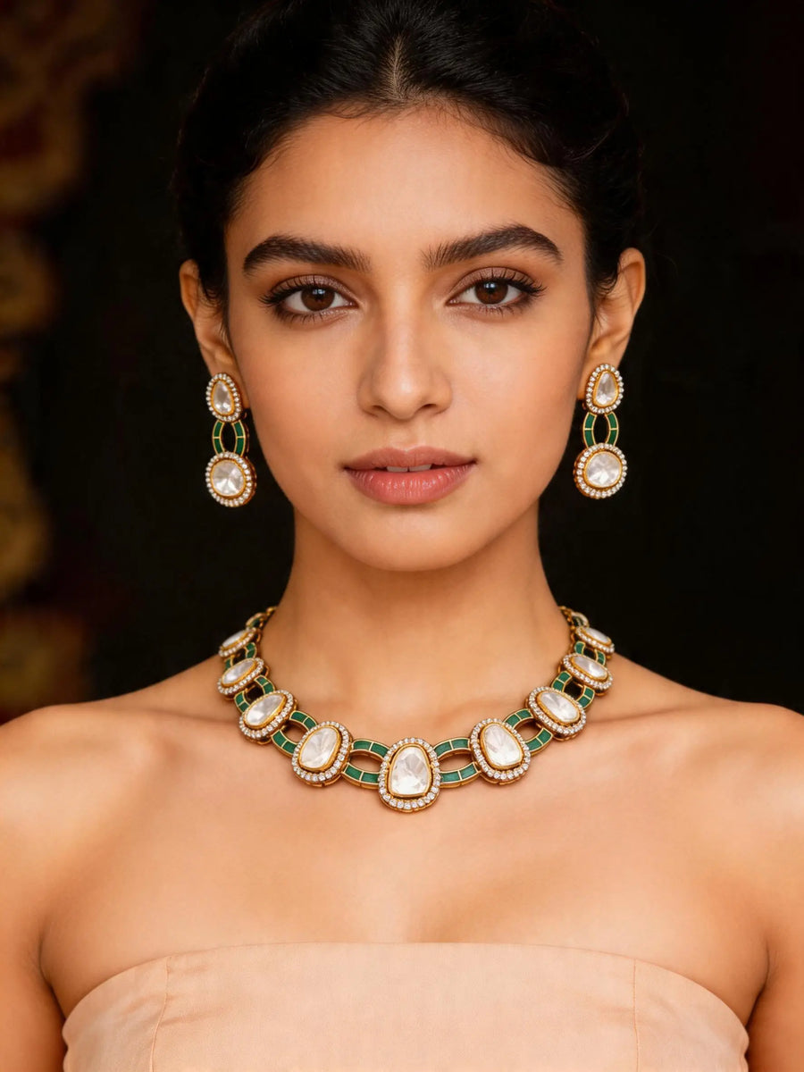 Green Meenakari Links Sterling Silver Necklace Set