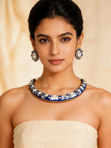 Blue Meenakari Sterling Silver Hasli Necklace and Earrings Set