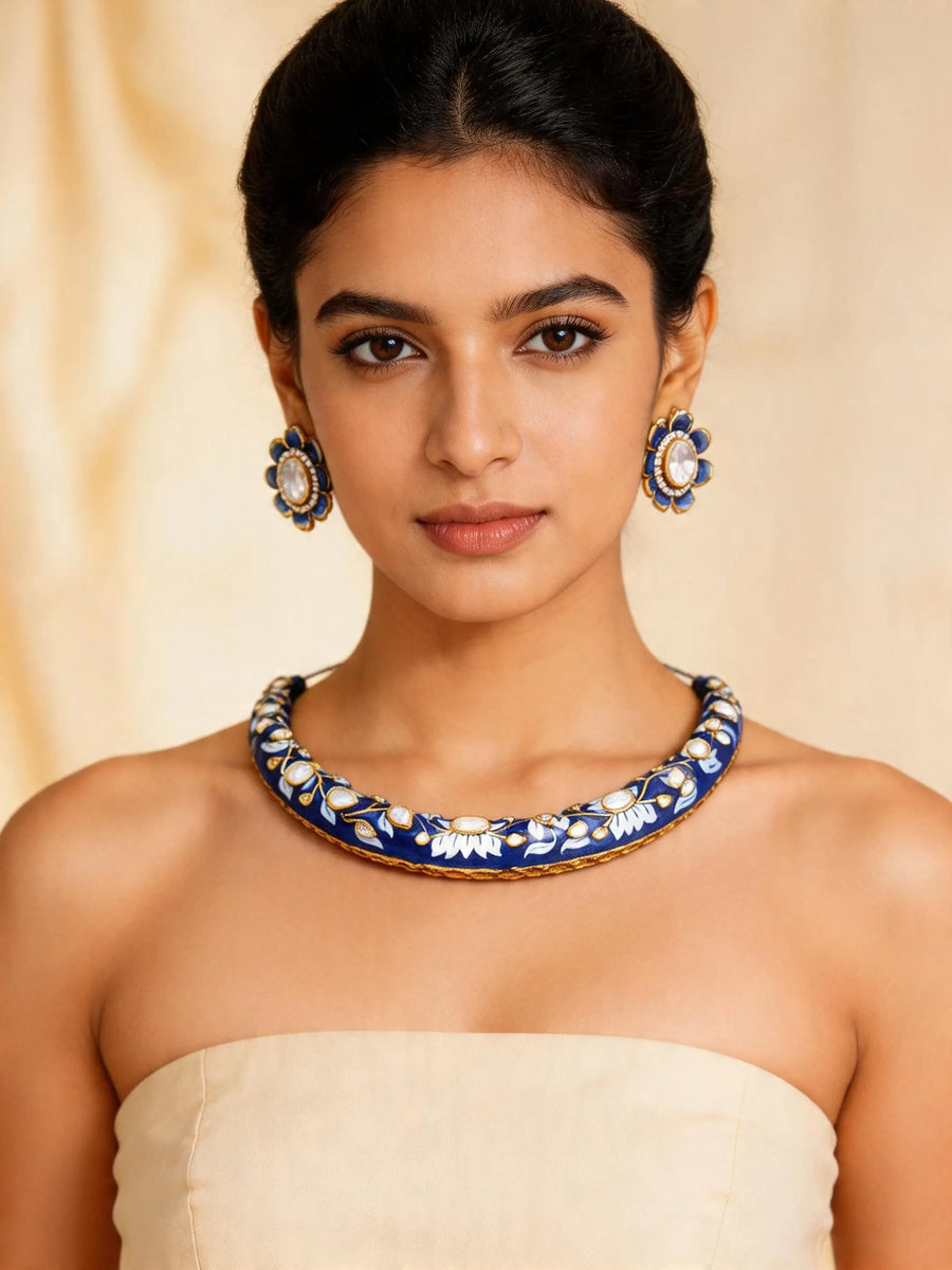Blue Meenakari Sterling Silver Hasli Necklace and Earrings Set