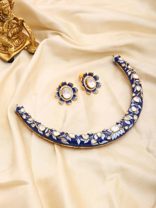 Blue Meenakari Sterling Silver Hasli Necklace and Earrings Set