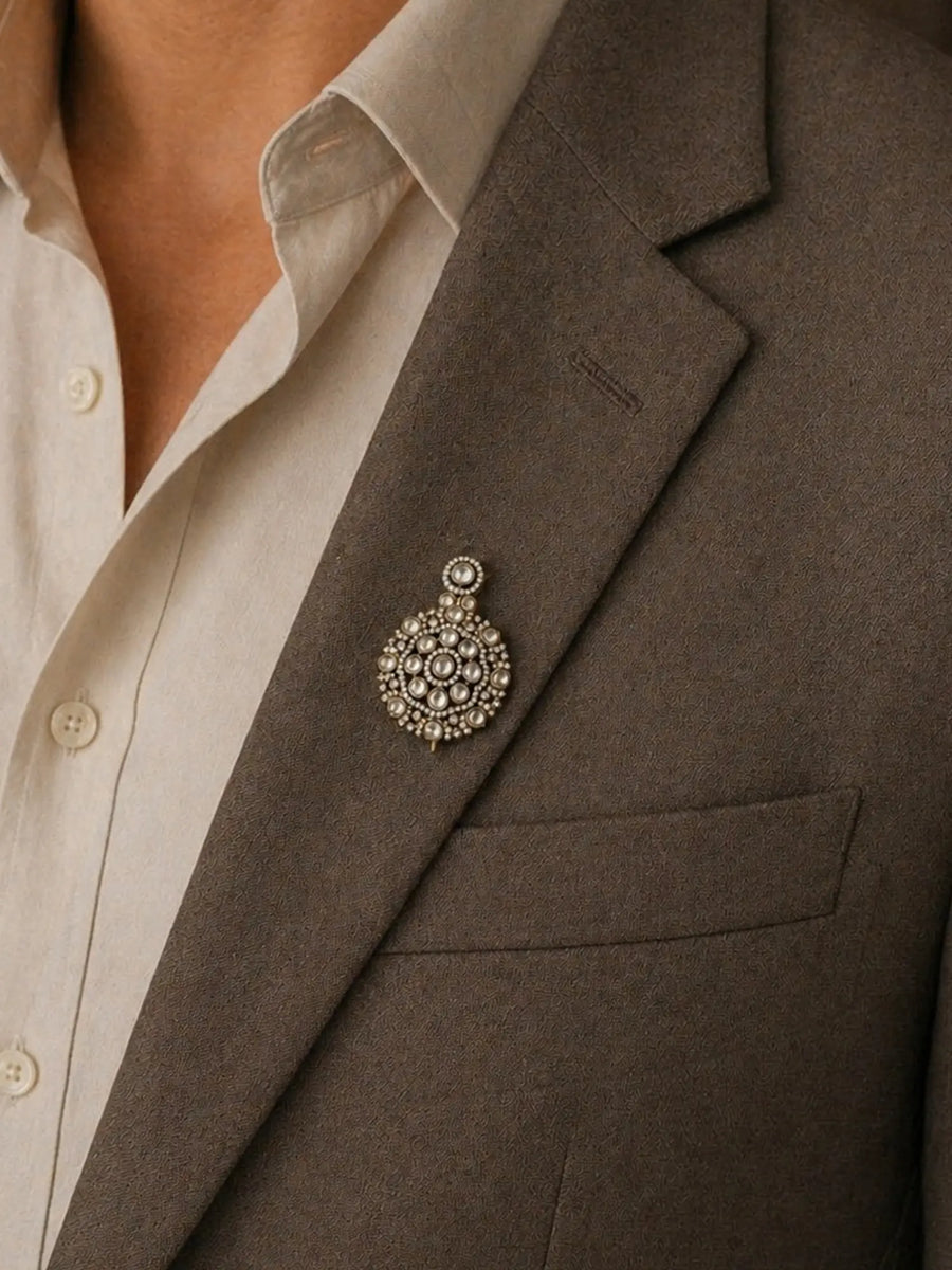 Kundan Floral Sterling Silver Brooch with Stone Studding