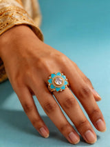 Blue Floral Stone Studded Adjustable Sterling Silver Ring
