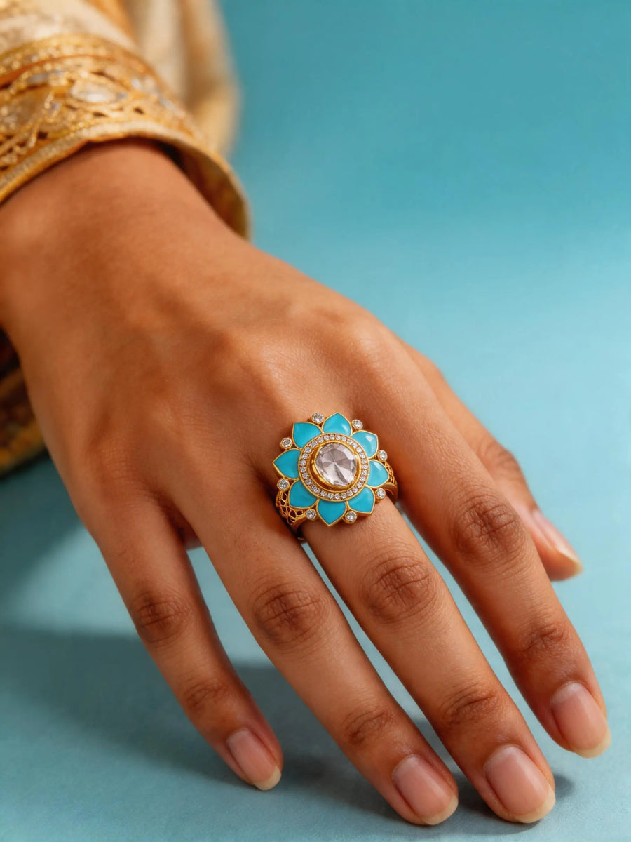 Blue Floral Stone Studded Adjustable Sterling Silver Ring