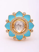 Blue Floral Stone Studded Adjustable Sterling Silver Ring
