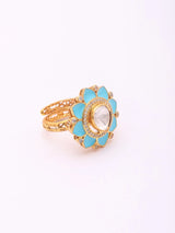 Blue Floral Stone Studded Adjustable Sterling Silver Ring