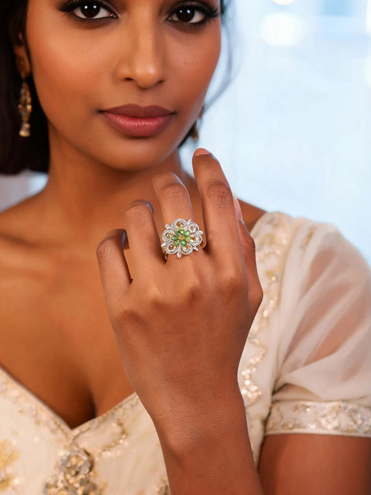 Floral Green Stone Sterling Silver Adjustable Ring