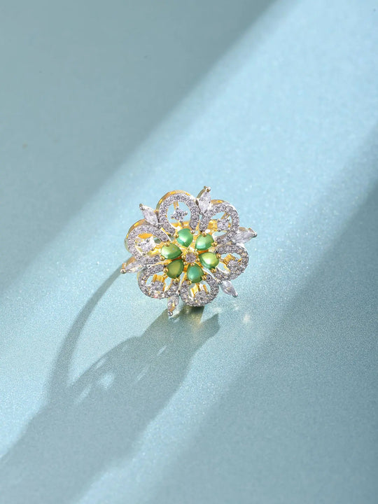 Floral Green Stone Sterling Silver Adjustable Ring